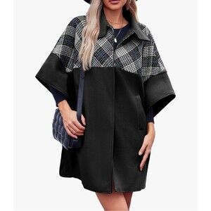 Oversized Plaid Pea Coat Cape Wrap Poncho Mid Length Pockets Black White Blue L